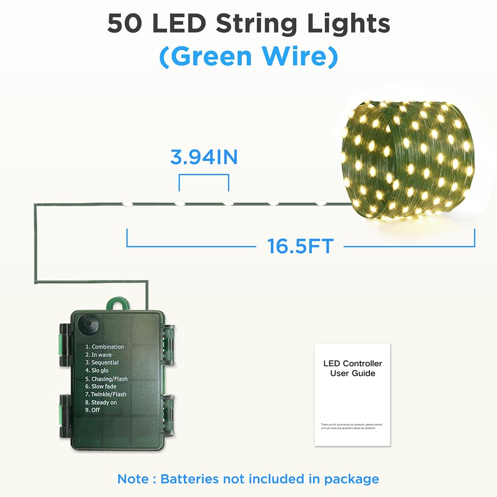 4 Pack - 16.5ft Battery Operated String Lights, 50 LED Twinkle Fairy String Lights Battery Powered with Timer for Indoor Outdoor Christmas Trees Wreath Decoration Party Bedroom - Warm White