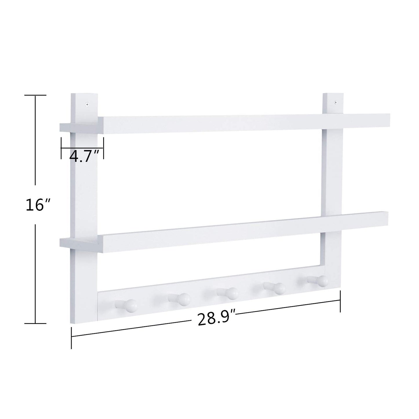 WELLAND 2 Tiers Entryway Floating Wall Shelf Hanging Shelf 29" L, Wall-Mounted Coat Rack Shelf with 5 Hooks for Hallway, Bathroom, Living Room, Bedroom,White
