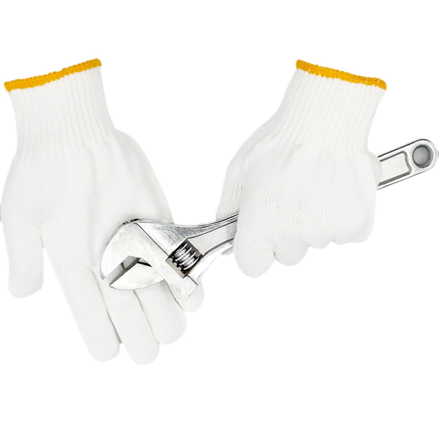 Safety Work Gloves 12 Pairs Polyester Knitted Gloves for Garage Warehouse Painter Mechanic Industrial Gardening Construction (White / Yellow Border)