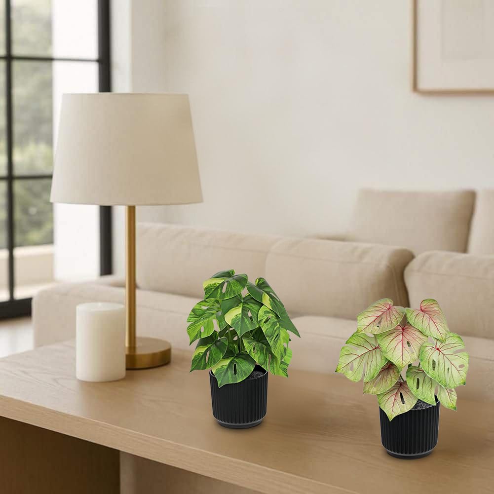 Oairse Small Artificial Monstera Potted Plant - 2 Pcs Faux Monstera Plants Mini Fake Greenery Deliciosa Plant Potted Fake Tropical Plants in Pot for Home Office Table Room Farmhouse Indoor Decoration
