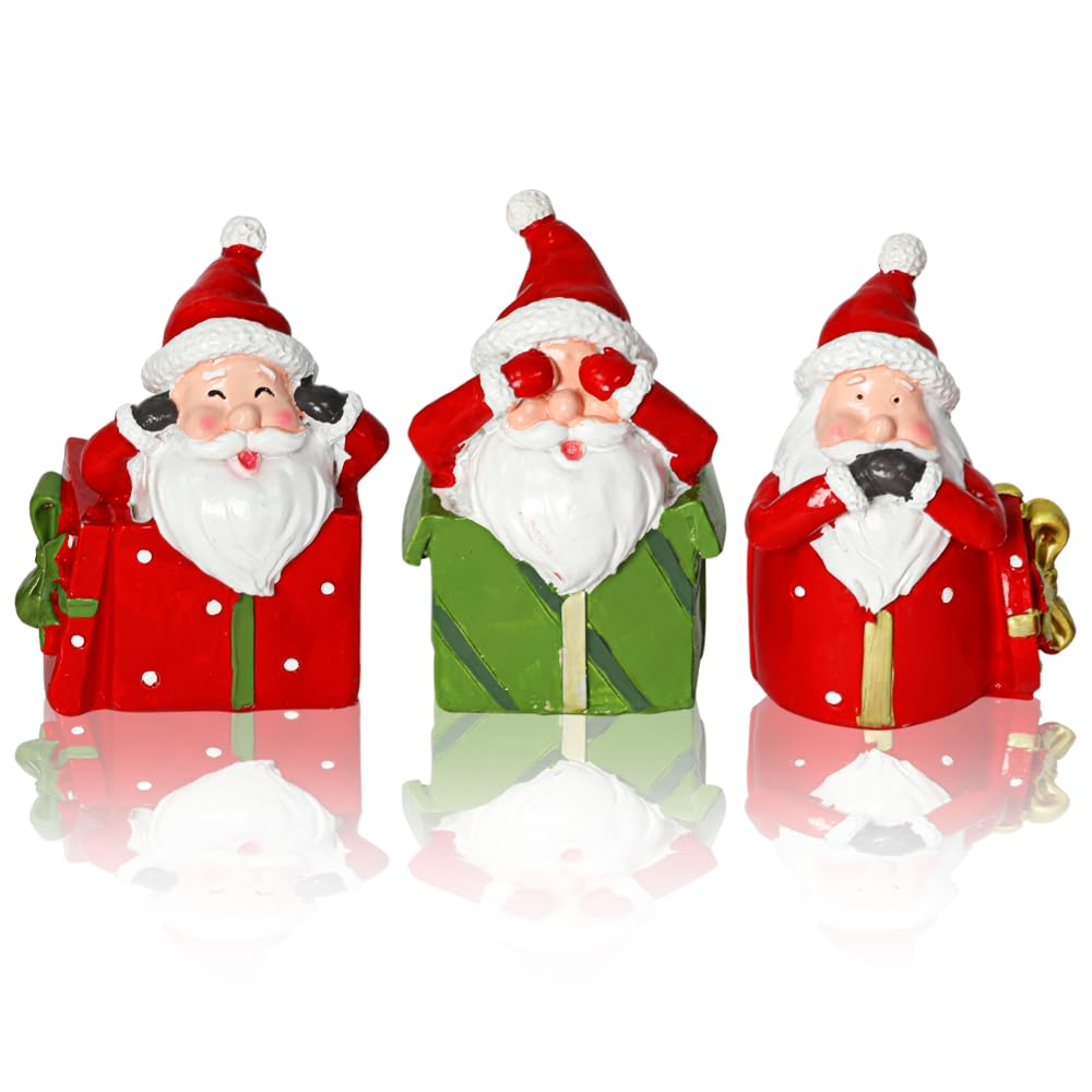 CFGPMM 3 Pcs Mini Santa Claus Statues, See No Evil Hear No Evil Speak No Evil Resin Figurines, Funny Christmas Gnomes for Xmas Home Desk Shelf Decor