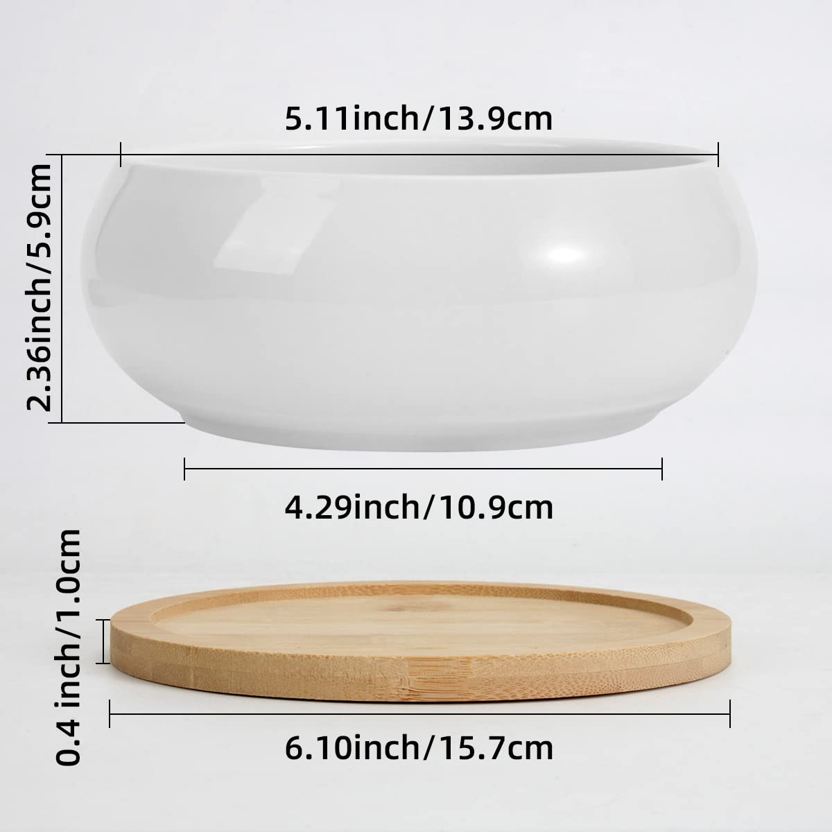 ZOUTOG 2 Pack Succulent Pots, 6 inch Ceramic Planters for Indoor Plants with Bamboo Tray, Pots with Drainage, Seeds＆ Plants Not Included