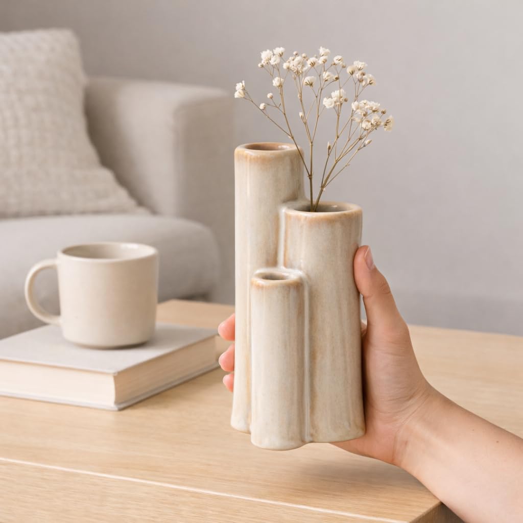 SincereLuxe Ceramic Bud Vase, Sculptural Triple Tube Vase in Cream White for Modern Farmhouse & Minimalist Shelf Decor