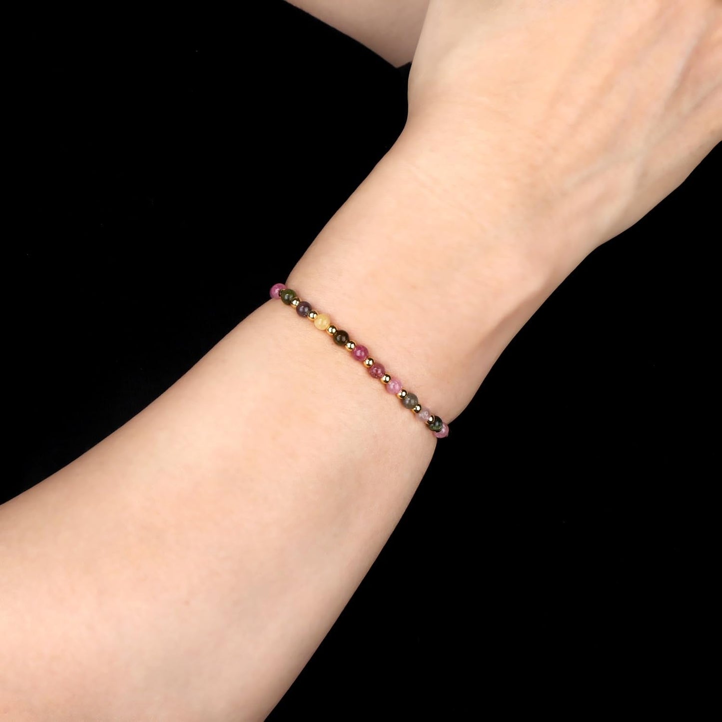QOGIR Multicolor Tourmaline - Stone of Inner Balance - 14K Gold Plated Beads Natural Gemstone Stretch Elastic Dainty Healing Beaded Bracelets Gifts 4mm
