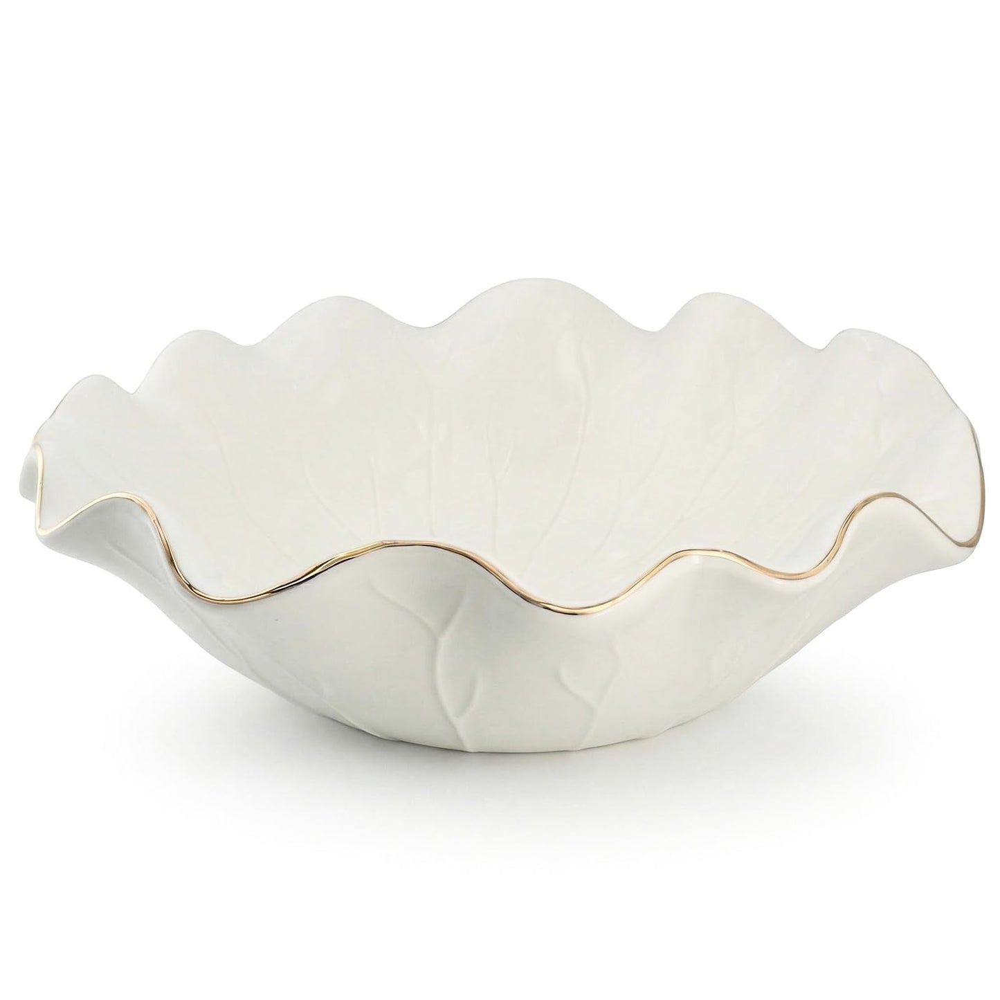 Afadorable 10 Inch White Shallow Handmade Ceramic Lotus Leaf Bowl with Gold Rim, Large Decorative Fruit Bowl for Kitchen Counter, Coffee Table Decor, Dining Table Centerpiece & Entryway Key Bowl