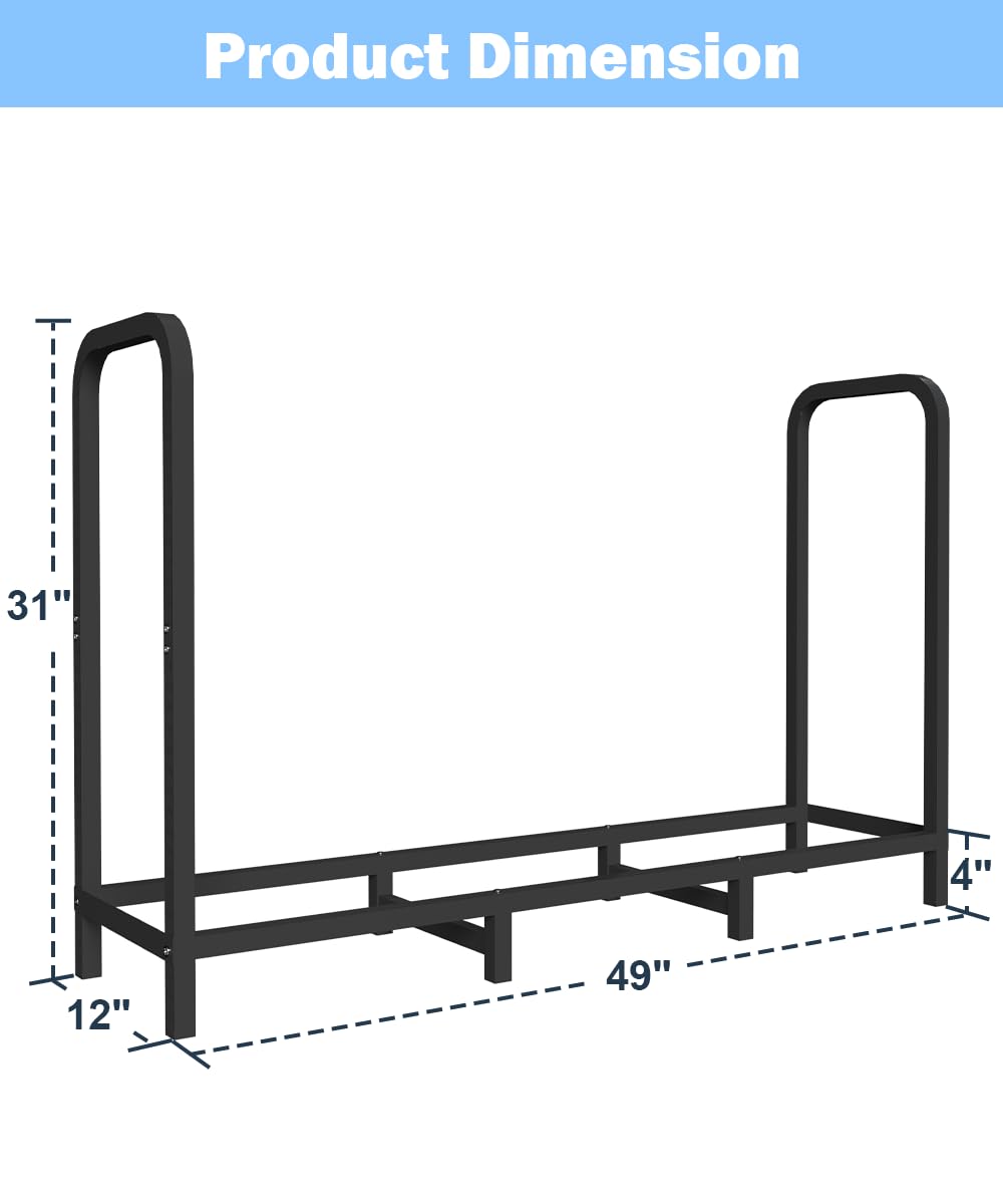 Tikimilor 4ft Firewood Rack Holder with Cover, Adjustable Heavy Duty Fire Log Stacker Stand for Fireplace, Outdoor Indoor Metal Wood Pile Storage Organizer, Patio Logs Stand tool, Black