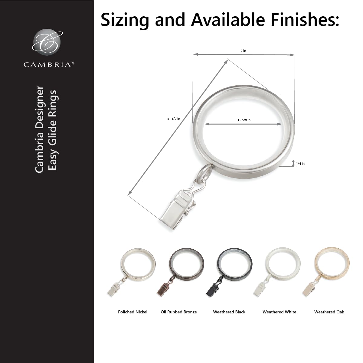 MODE Cambria Designer Series - Premium Easy Glide 18 Count Curtain Rings - Metal with Smooth, Quiet Nylon Inserts with Clips - 2 inch Diameter (1-5/8 inch Inside Diameter) - Weathered Oak