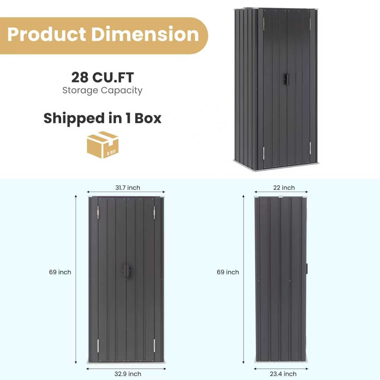 Greesum Outdoor Metal Storage Cabinet, 69'' Lockable Tall Shed, Vertical Tool Organizer with 2 Adjustable Shelves, for Garage, Patio, Backyard, Home & Lawn, Black