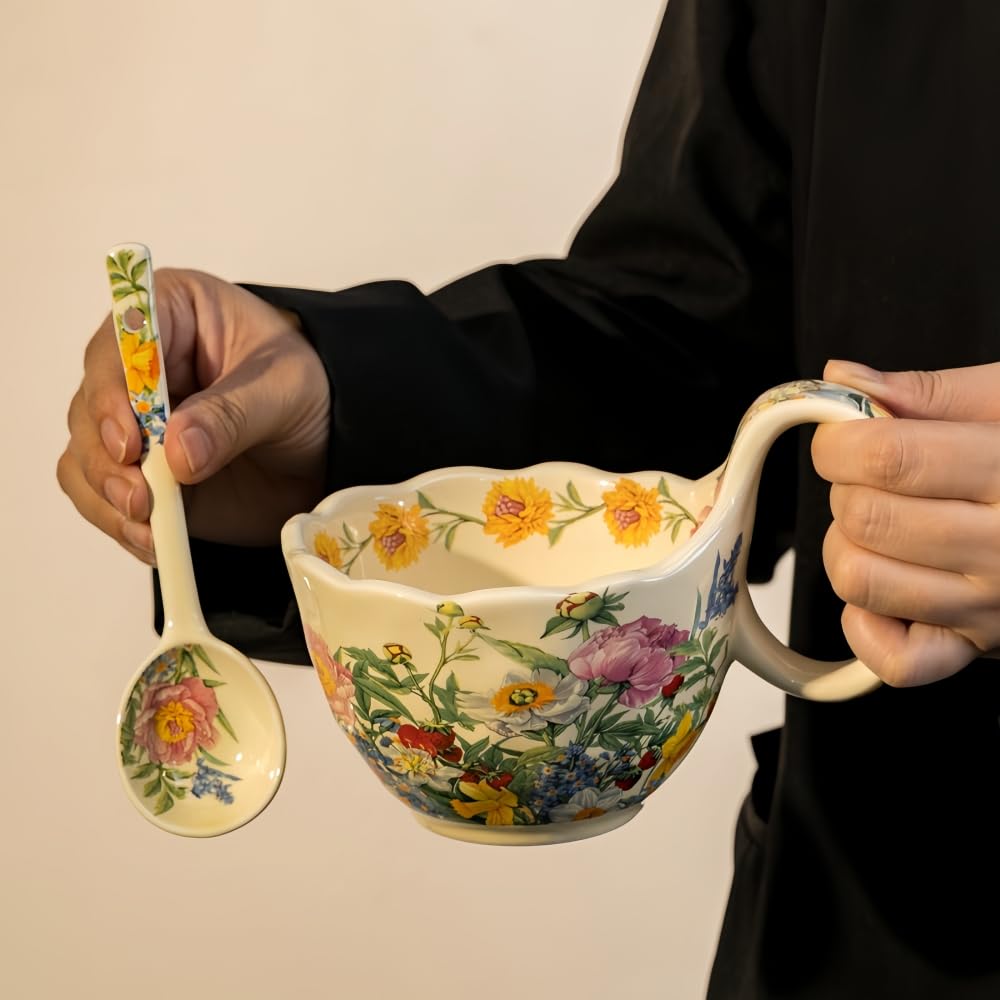 Windefun 16.91oz/500ml Handpainted Soup Bowl with Handle,Ceramic Cereal Bowl Microwave &Dishwasher Safe,Loop Handle Bowl Great for Soup,Yogurt,Snack,Chip,Stew,Ice Cream,Coffee (Peony)