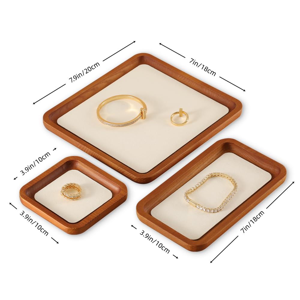 YUQIN Wooden Jewelry Display Tray Rounded Rectangle Ring Showcase Stackable Elegant Bracelet Watch Jewelry Organizer for Personal Use and Commerce (Old Lace, Large-W 7'' x H 0.6'' x L 7.9'')