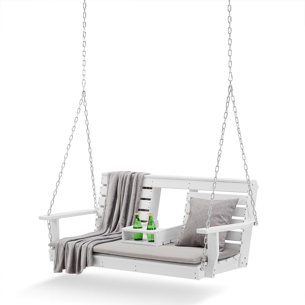 BENAIYA Heavy Duty Poly Lumber HDPE Porch Swing with Mounting Kit and Accessories Outdoor Hanging Chair with Cup Holders Swinging Bench for Patios, Backyard Poly Wooden Seating, Sturdy Steel Chains