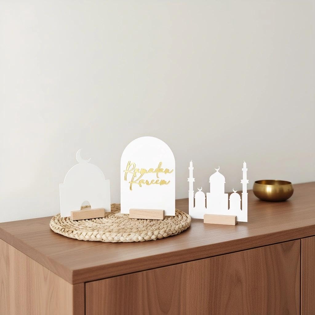 wfljl 3-Piece Ramadan Decoration for Table, Wooden Eid Mubarak Table Decor Set with Moon and Star, Reusable Ramadan Ornaments for Home