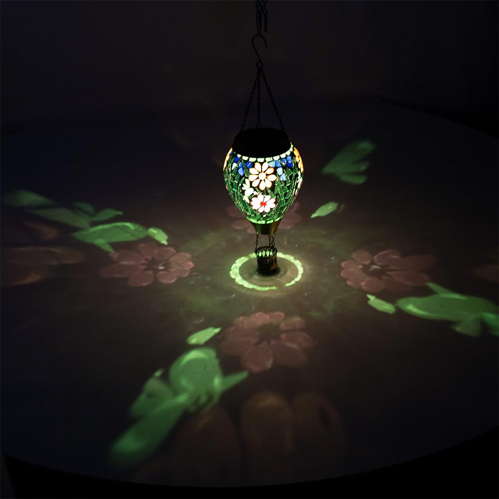 Giole Mosica Hot Air Balloon Solar Lantern, Flower Pattern Glass Hanging Solars Lanterns Outdoor Waterproof Decorative Solar Light for Garden, Yard, Patio Decor