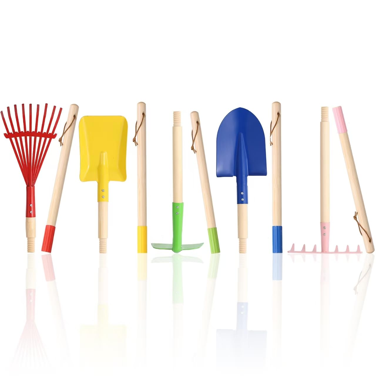 5 PCS 28" Detatchble Kids Gardening Tools, Metal Beach Digging Toys with Sturdy Wooden Handle, Safe Backyard Snow Sensory Playset Including Hoe, Tooth & Leaf Rakes, Flat & Pointed Shovels for Children
