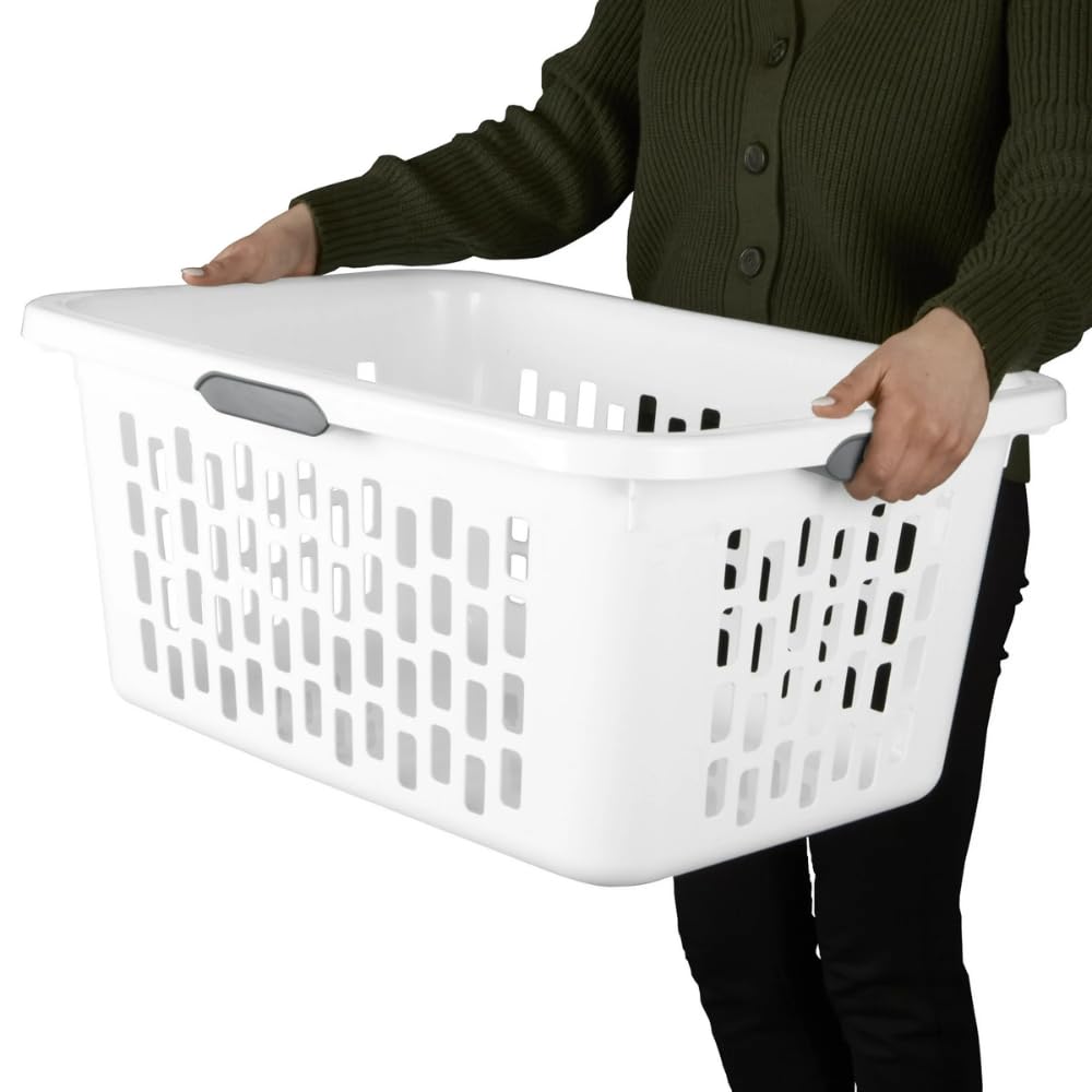 SIT MART 2 Bushel Large Plastic Laundry Basket with 4 Comfort Grip Handles, White - Durable, Lightweight, Spacious Laundry Storage for Home, Dorm, and Apartments