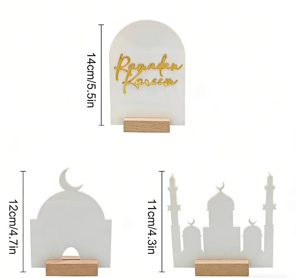 wfljl 3-Piece Ramadan Decoration for Table, Wooden Eid Mubarak Table Decor Set with Moon and Star, Reusable Ramadan Ornaments for Home