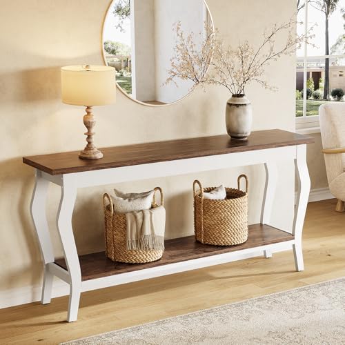 LITTLE TREE 70.9 Inches Long Console Table, 2-Tier Vintage Wooden Sofa Table Behind The Couch with Metal Legs for Hallway, Entryway, Living Room, Brown & White