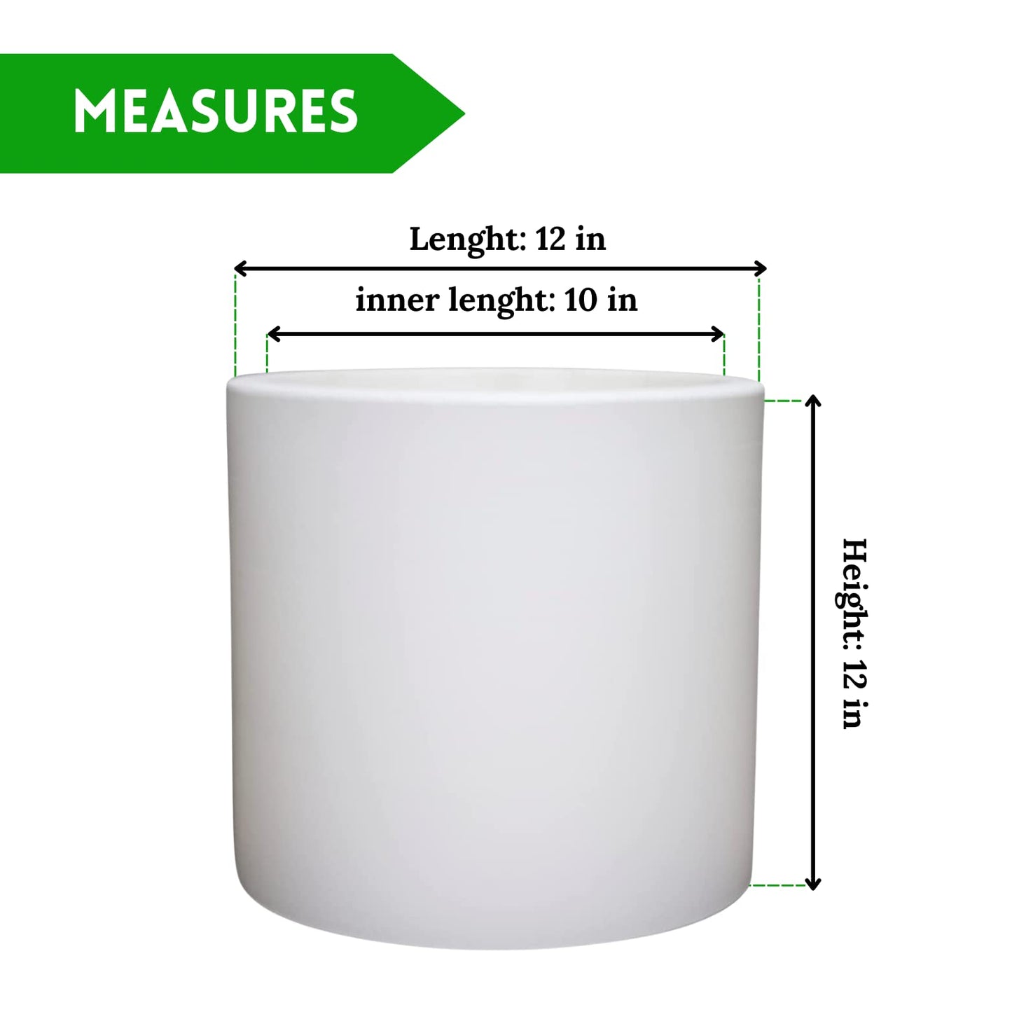 Elly Décor 12 inch Round Cylinder Plastic Planter with Drainage, Round Classic Smooth Texture, Lightweight & Extremely Durable 12" x 12" Cylinder Pot White