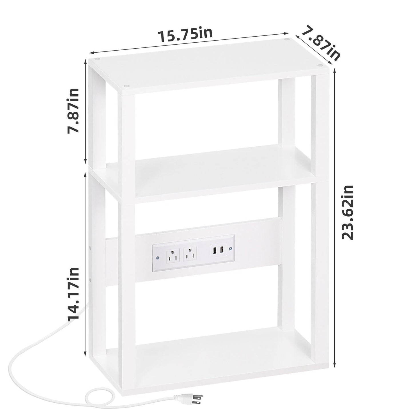 YUFAM 3-Tier Small Narrow Wood Side Table with Charging Station, Skinny Nightstand for Small Space, Slim Bedside Table with Storage for Couch, Thin End Table with USB Ports and Outlets, White