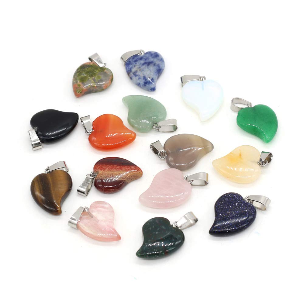 LE SKY 15 Pcs natural stone pendants peach heart shape chakra reiki healing mixed stone crystal agate charms for jewelry making necklace bracelet