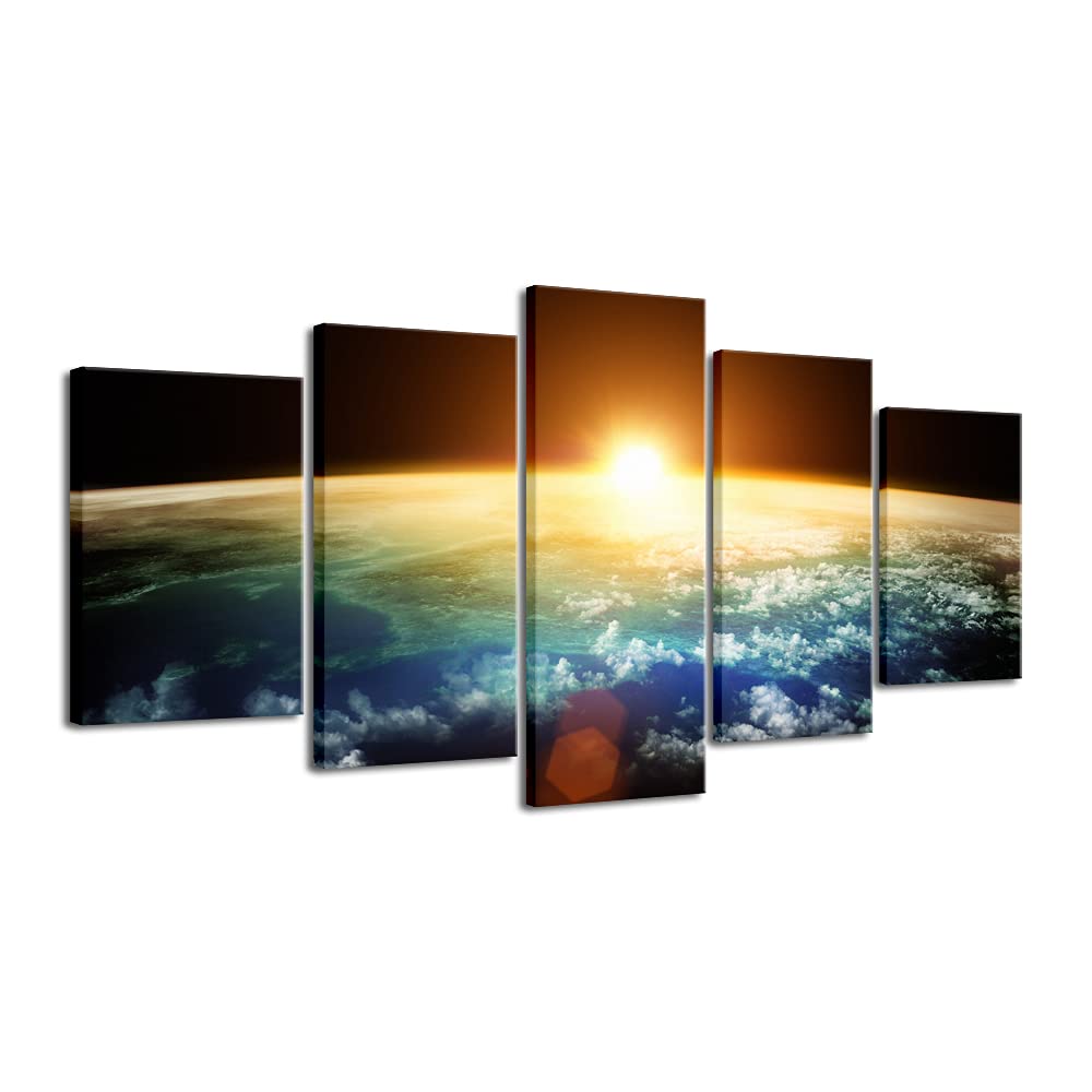 Pyradecor the Earth 5 Panels Extra Large Modern Landscape Artwork Giclee Canvas Prints Space Pictures Paintings on Canvas Wall Art Ready to Hang for Living Room Bedroom Home Decor XL
