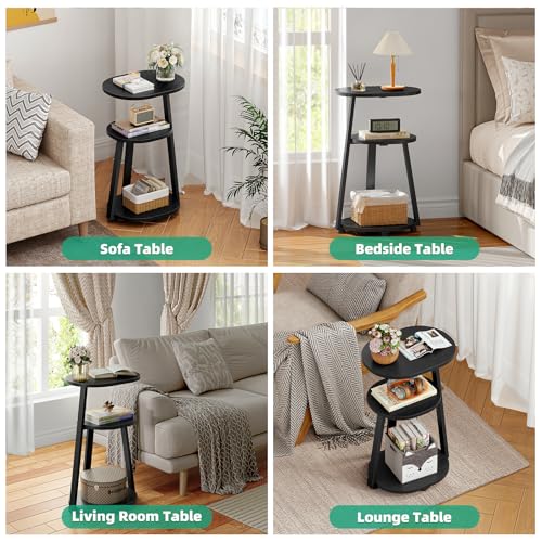 Kalrin Side Table, Small End Table with Metal Frame, 3-Tier Bedside Tables, Round Side Tables for Living Room Bedroom Couch Bathroom, Oval, Pure Black