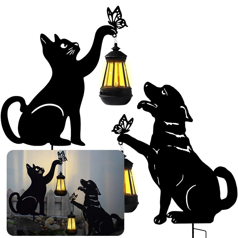 DOMSCIEN Solar-Powered Black Dog&Cat Garden Decor Stakes - Metal Silhouette Figurine for Outdoor Yard, Lawn, and Patio Decoration