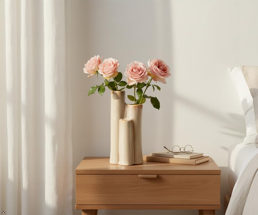 SincereLuxe Ceramic Bud Vase, Sculptural Triple Tube Vase in Cream White for Modern Farmhouse & Minimalist Shelf Decor