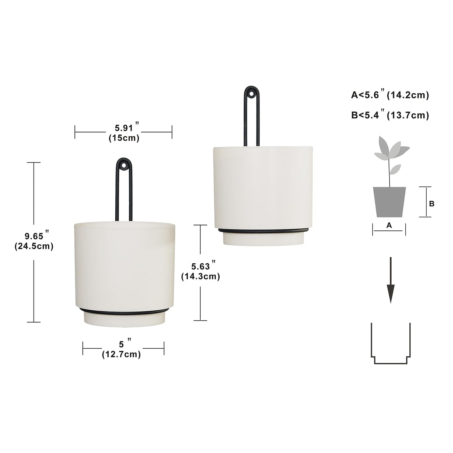 CISEANOL 2 Pcs Wall Mounted Hanging Planter Vase for Indoor and Outdoor Plants Modern Metal Wall and Ceiling Planter Minimalist Flower Pot (White, 5.91 inch)