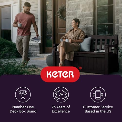 Keter Solana 70 Gallon Storage Bench Deck Box for Patio Furniture, Front Porch Decor and Outdoor Seating – Perfect to Store Garden Tools and Pool Floats, Graphite