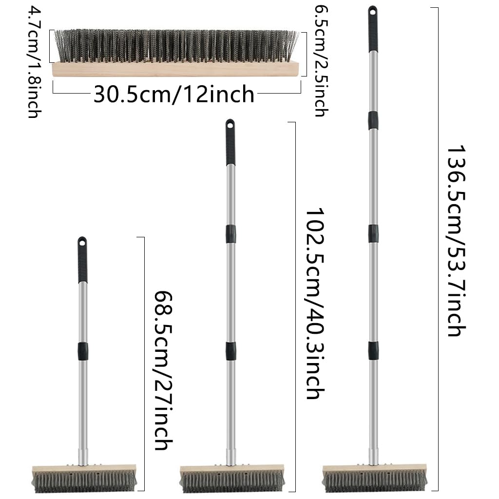 Heavy Duty Floor Scrubber,Deck Brush with Long Handle,56L''×12W Stainless Steel Wire Scrub Brush, Stiff Metal Bristle Scrubber Broom for Deck, Concrete, Patio Floor Cleaning Moss Removal