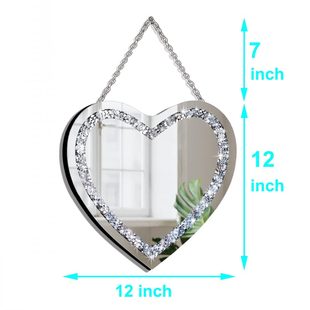 DMDFIRST Crystal Crush Diamond Heart Shaped Silver Mirror with Silver Stainless Steel Chain for Wall Decoration 12x12x0.5 inch Frameless Glam Mirror
