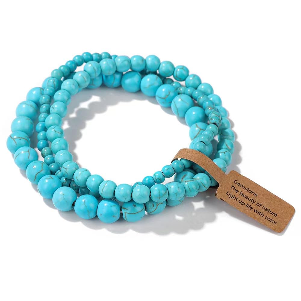 CINSKYING 3Pcs Healing Crystal Turquoise Bracelets for Women Men 8mm 6mm 4mm Natural Stone Beaded Stretch Bracelet Jewelry Gifts for Women Girl (T1-Turquoise)
