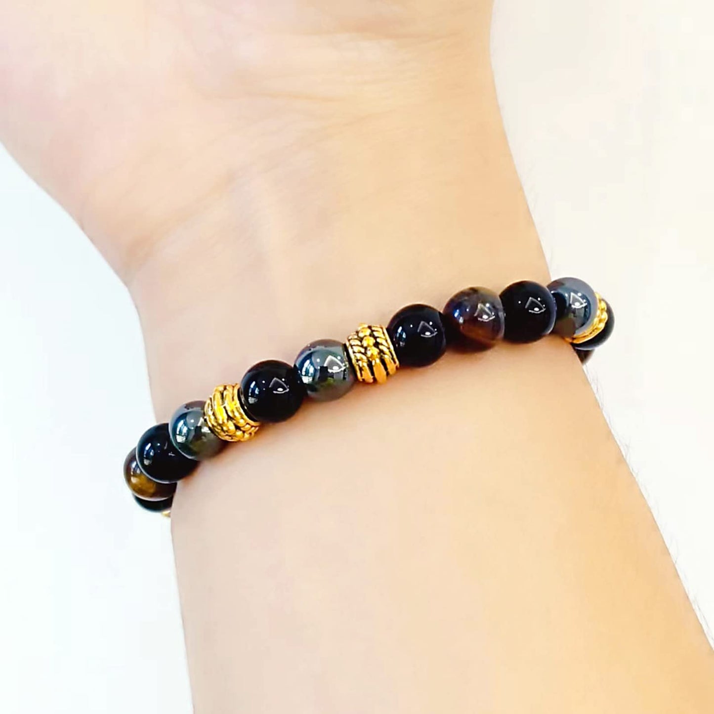 WEFRIN Triple Protection Bracelet for Bring Luck and Prosperity Hematite Black Obsidian Tiger Eye Stone Bracelets for Men Women, Beaded Buddha Healing Rope Uni Bracelet (2pcs) (E)
