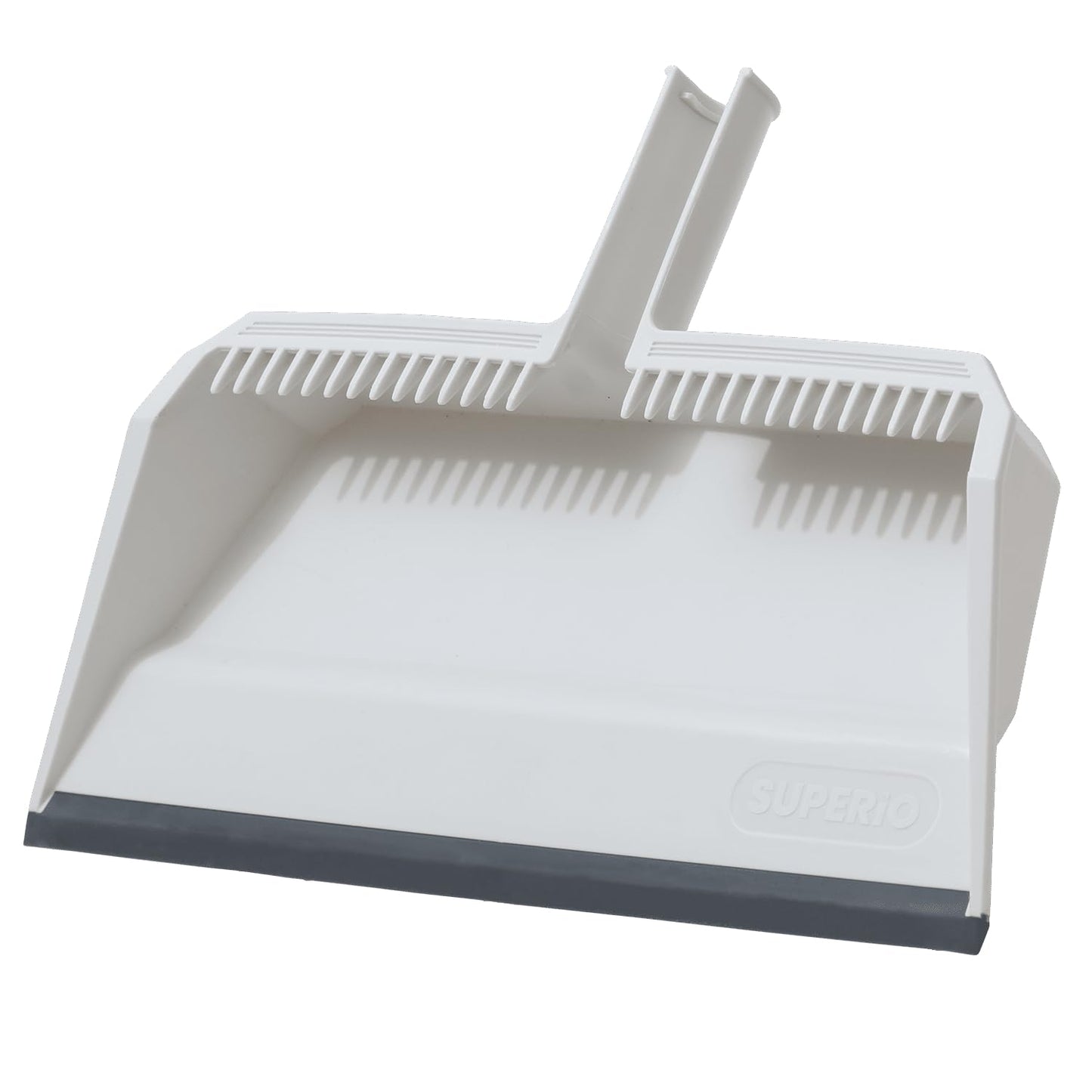 Superio Wide Plastic Dustpan with Comb - 16" Wide, Rubber Lip, Broom Handle Clip, White