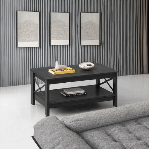 YITAHOME Coffee Table for Living Room, Modern Farmhouse Coffee Table with Storage, 2-Tier Center Table Wood Living Room Table Accent Cocktail with Sturdy Frame, Black