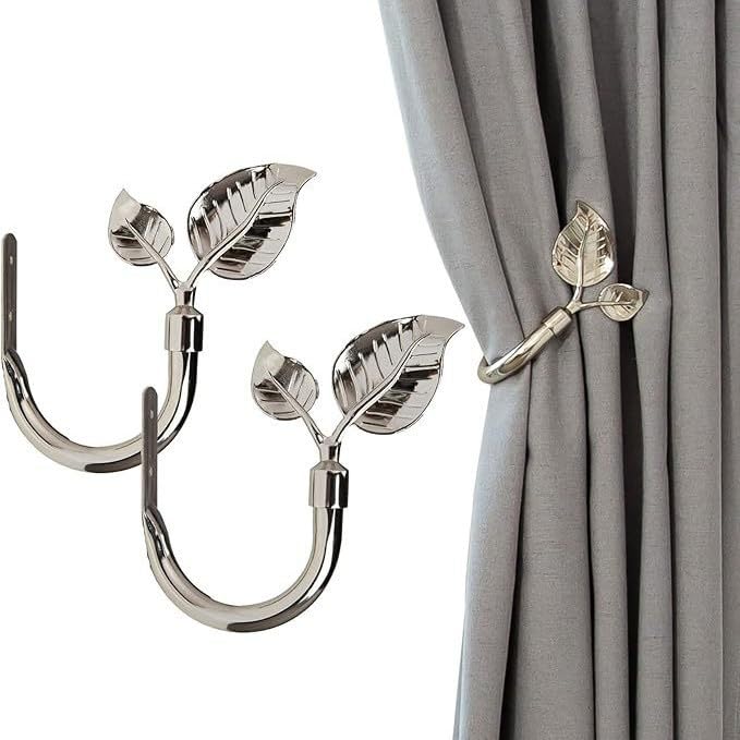 Rbeusau Leaf Shaped Heavy Duty Curtain Holdbacks, Traditional Style Handmade Metal Curtain Tiebacks for Wall, Set of 2 Window Curtain Tieback Hooks for Drapes Window Home Decoration (Nickel)