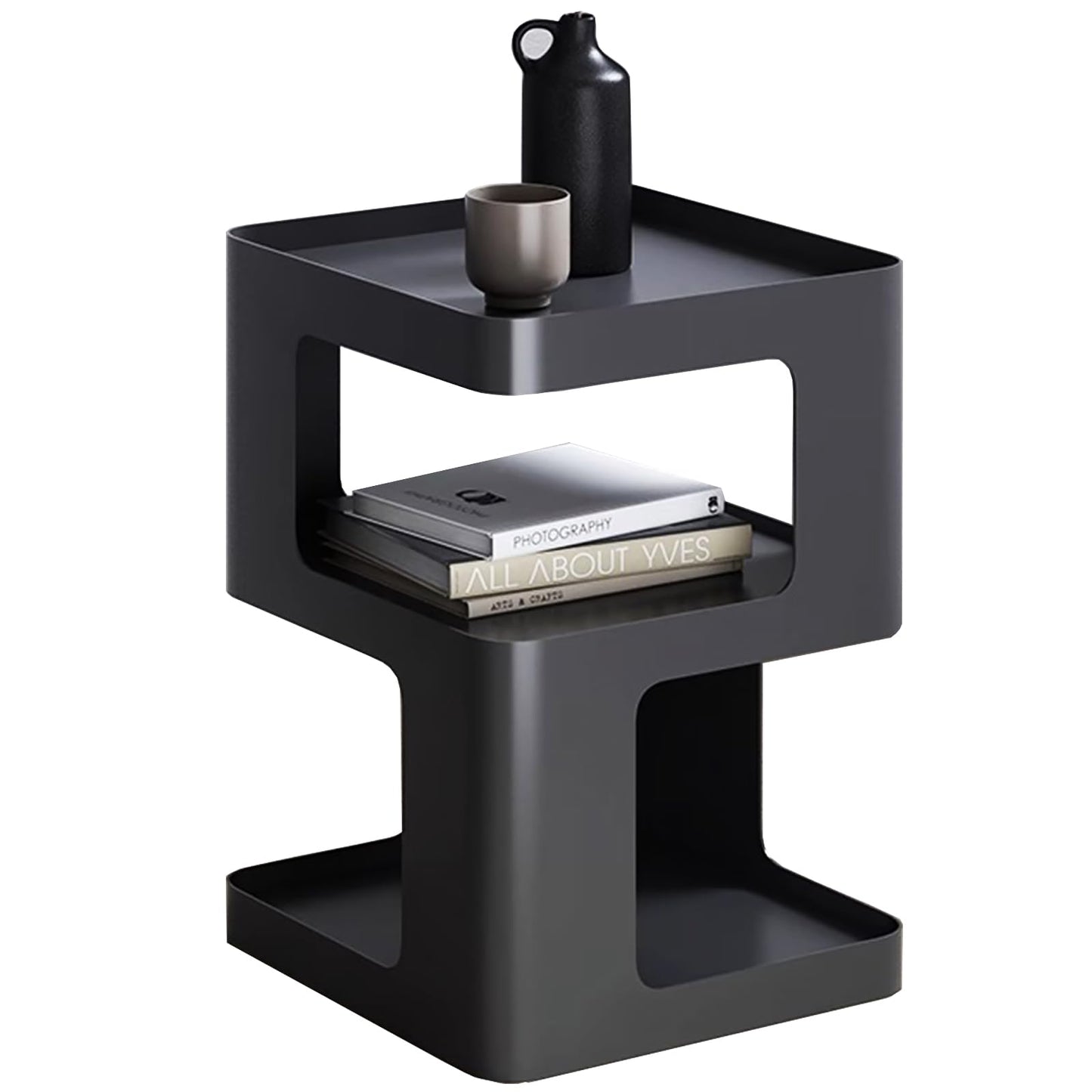 BUZUEY Modern Metal Side Table with Storage,Small End Table for Sofa & Couch,3-Tier Compact Nightstand for Small Spaces,Black Bedside Tables for Living Room & Bedroom,No Assembly Required