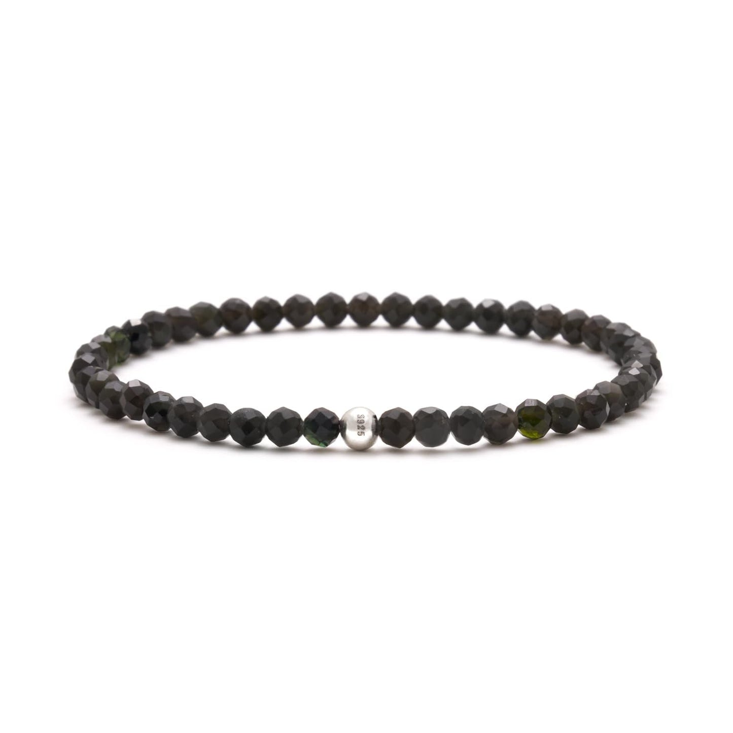 BERGERLIN Genuine obsidian bracelet with 925 Sterling silver - real obsidian bracelet with 4mm pearls, faceted - Size S