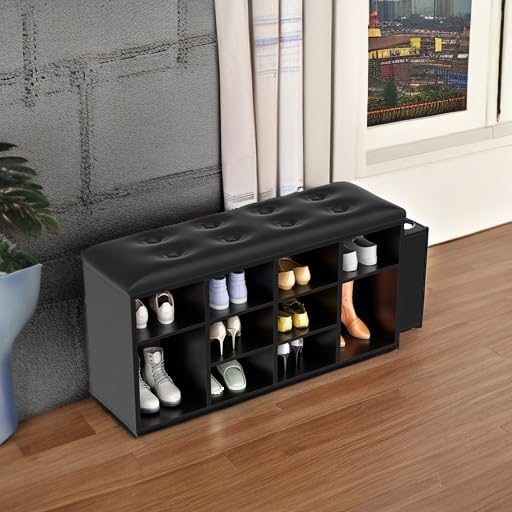 IRONCK Shoe Bench, Ten Cubbies Storage Entryway Bench with PU Leather, Cubby Shoe Rack Organizer with Adjustable Shelves for Living Room, Bedroom, Black