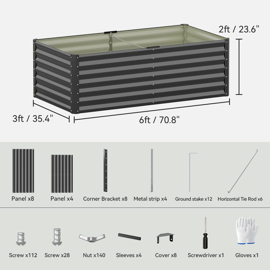 COMHOMA 2 Pack Galvanized Raised Garden Bed,6x3x2ft Large Metal Planter Box for Outdoor Vegetables,Corrugated Steel Herbed Plants Container,Extra Deep Gardeners Kits with Open Bottom