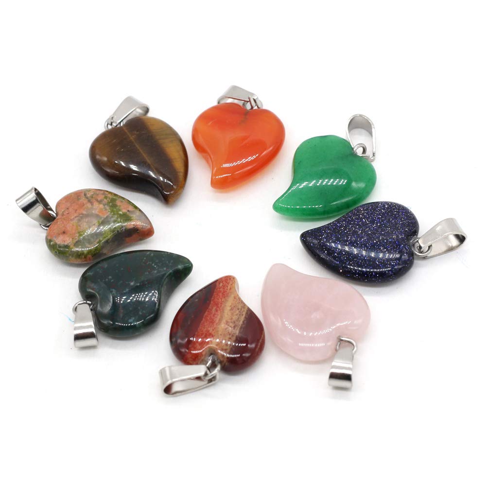 LE SKY 15 Pcs natural stone pendants peach heart shape chakra reiki healing mixed stone crystal agate charms for jewelry making necklace bracelet