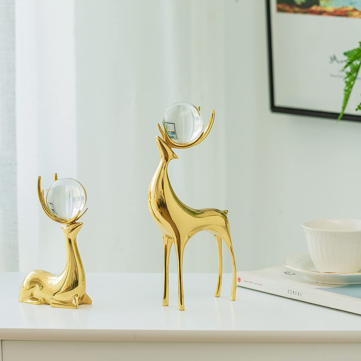 Sziqiqi Brass Reindeer Sculptures Animal Figurine Statues Christmas Deer Pure Copper Heavy Reindeer Ornaments for Home Decor Accents Living Room Office Bookself Tabletop Mantle Decoration