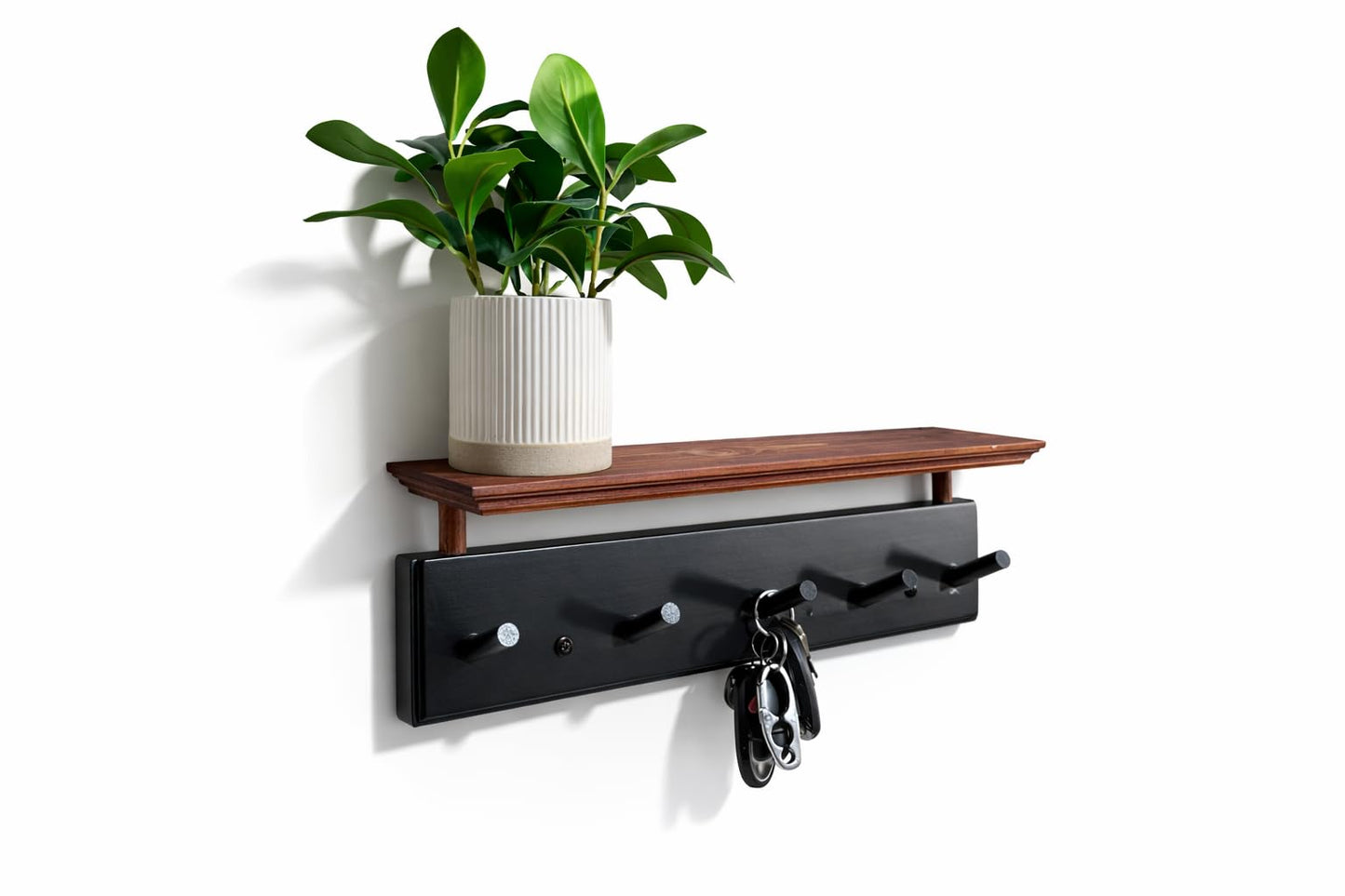 Matías Coat Rack Wall Mount with Shelf, 18 Inch Solid Wood Peg Rail, Wall Mounted Coat Rack with 5 Hooks, Wall Mount Shelf for Entryway, Bathroom or Bedroom (Black and Natural Wood)