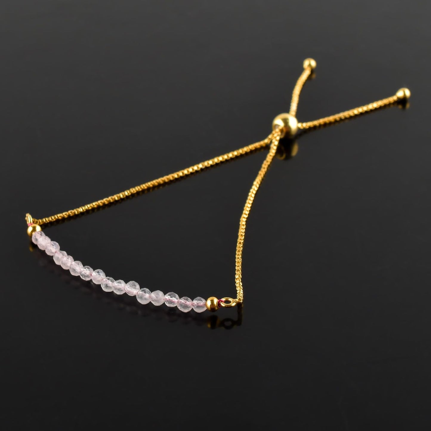 QNAVIC Natural Rose Quartz Gemstone Micro Beaded Dainty Slider Bolo Bracelet, Handmade Jewelry for women, Healing Chakra Crystals Birthstone Gift for Her, 14K Gold Plated Chain 6-9 inch