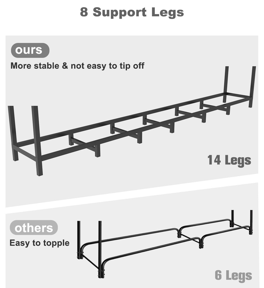 BALIE SPACE 8ft Outdoor Firewood Rack Holder with 14 Support Legs for Fire Wood Pile Storage, Adjustable Heavy Duty Log Stacker Stand Organizer, Black