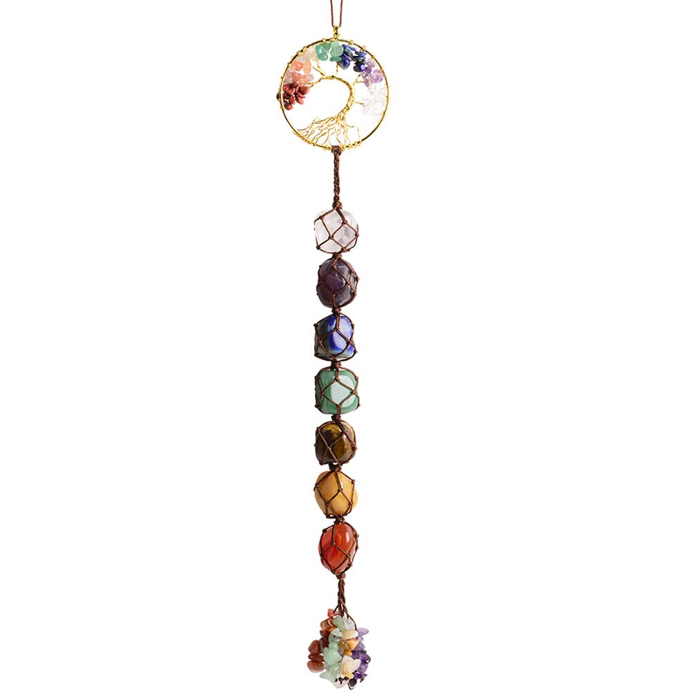 Handmade Tree of Life Ornament 7 Chakra Healing Crystals Hanging Ornament for Car Wall Window Home Decor Christmas Tree (Brown Thread)