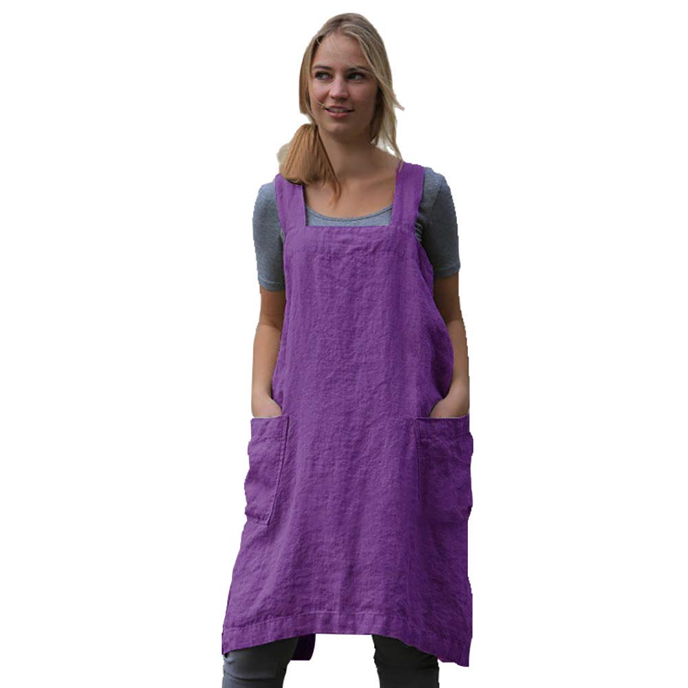 Larmliss Women's Pinafore Square Apron Baking Cooking Gardening Works Cross Back Cotton/Linen Blend Dress with 2 Pockets Purple-M