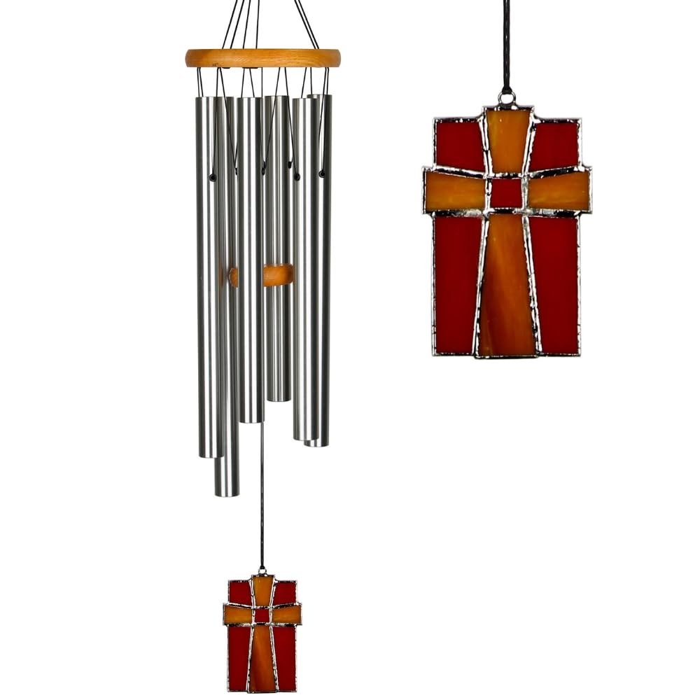 Woodstock Wind Chimes for Outside, Outdoor Decor, Garden, Patio and Front Porch Decor, (28") Memorial Sympathy Wind Chimes Amazing Grace Wind Chime Stained Glass Cross Christmas Gifts (AGS)