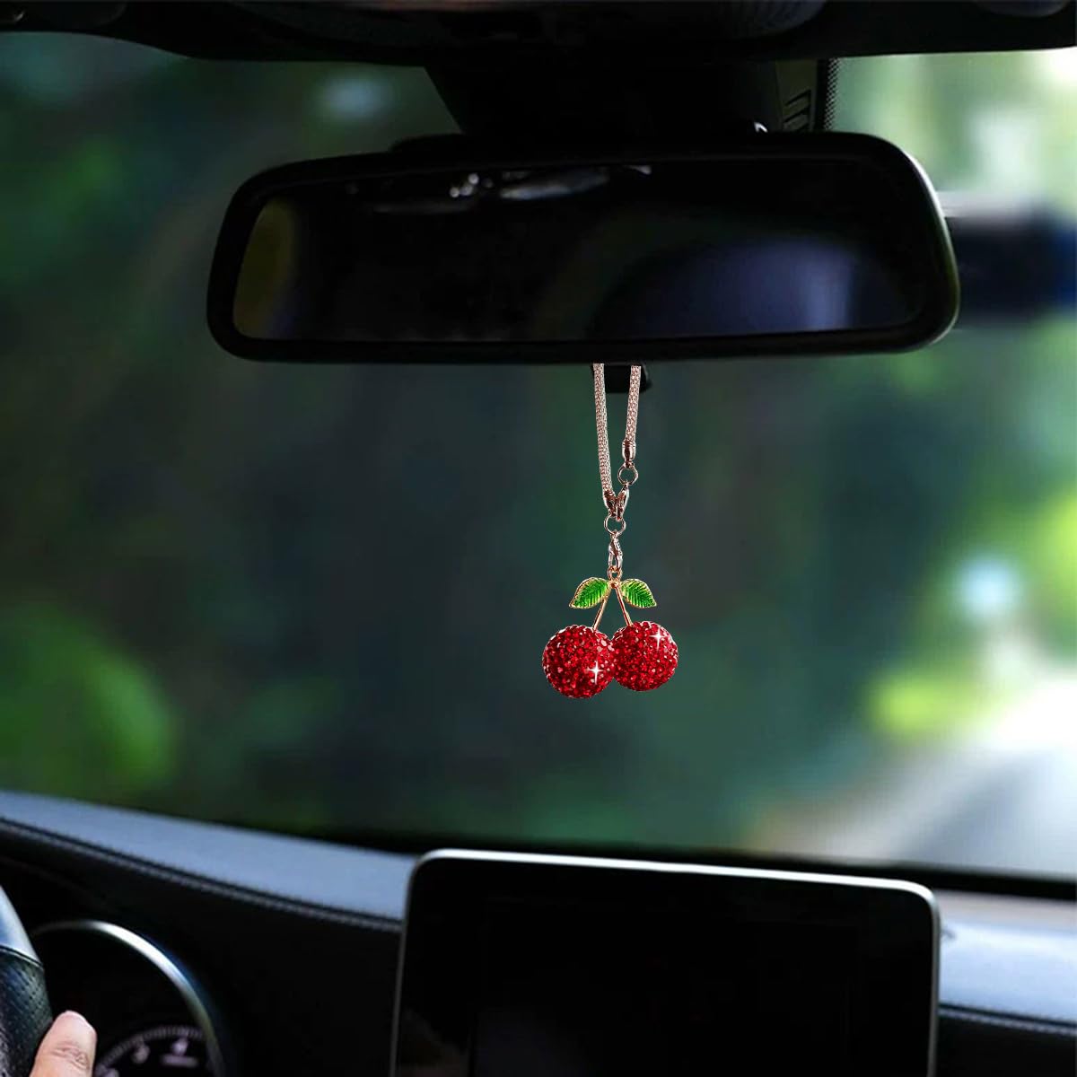 Bling Cherry Car Hanging Ornament, Cute Crystal Rear View Mirror Pendant, Sparkly Diamond Rearview Mirror Charms, Lucky Car Interior Decor Accessories (Red)